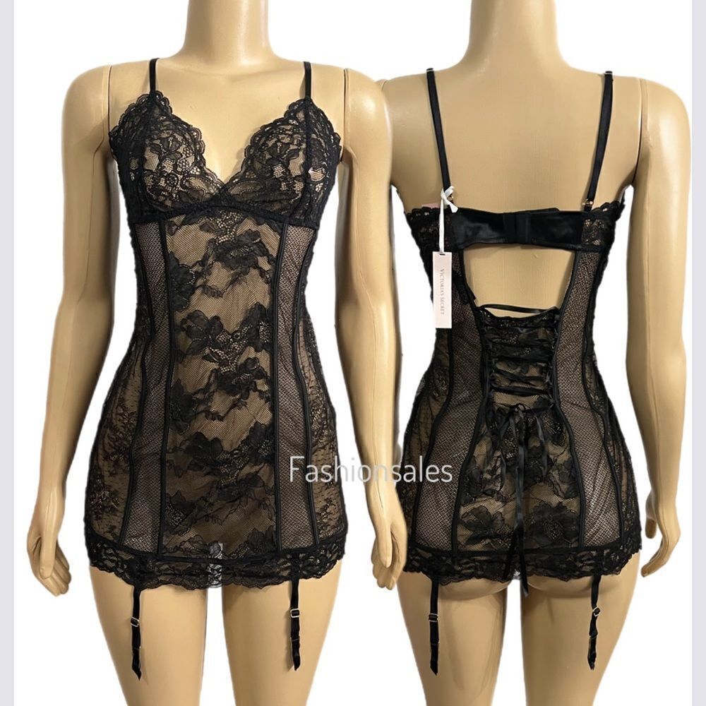 Victoria’s Secret Sexy Sheer Lace Mesh Garter Slip babydoll black Large